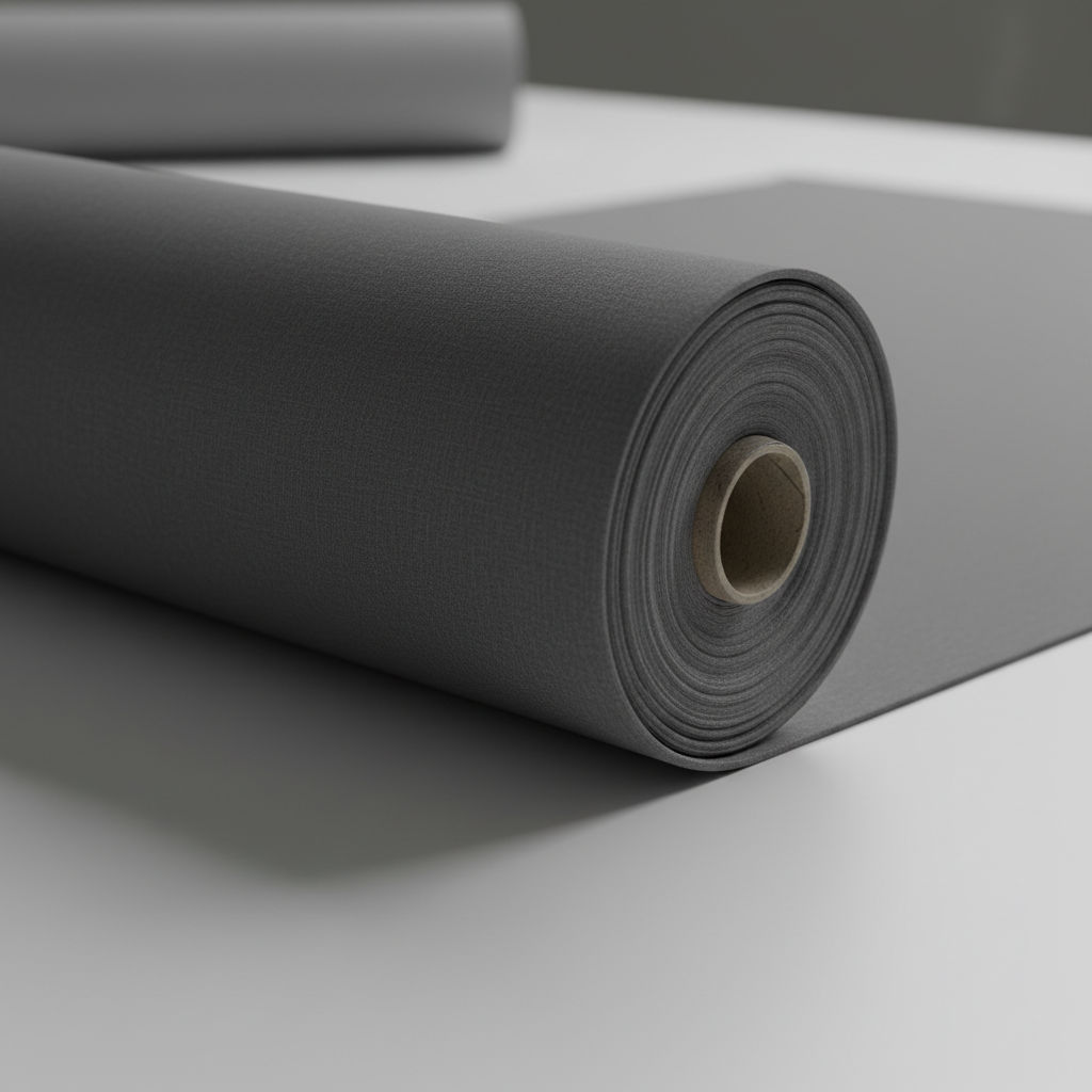 A single bolt of polimikro fabric unrolled diagonally across a pristine, light gray tabletop, its tightly woven, smooth surface presented in a solid, versatile color such as deep navy or charcoal. The fabric edge is cut perfectly straight, and the weave structure is subtly visible under soft, directional studio lighting from the upper right, creating gentle highlights along the roll and faint shadows under the leading edge. The background is minimal and uncluttered, with only a blurred hint of another bolt in a complementary tone in the far distance. Captured with a medium depth of field and a slightly low-angle perspective, the mood is technical, reliable, and professional, tailored to communicate durability and quality for small resellers choosing core basics.