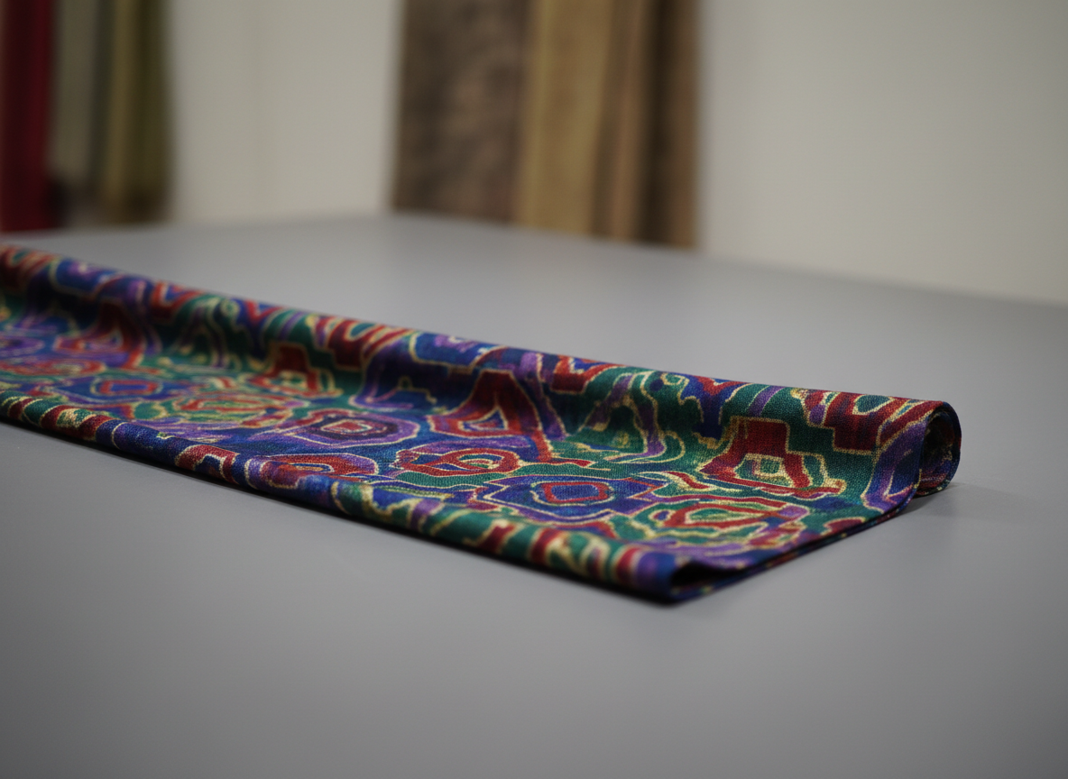 A close-up photographic view of a single length of rayon digital print fabric draped smoothly over a neutral, matte display board in a minimalist textile studio. The print features intricate, contemporary motifs in rich jewel tones, with clearly visible fine weave and a subtle, fluid sheen. Soft studio lighting from the upper left creates delicate highlights along each fold and casts faint shadows that reveal the fabric’s drape. The background is softly blurred, showing only hints of other muted fabric samples pinned to a wall, ensuring the print remains the hero. Captured with a shallow depth of field at a slightly angled perspective, the mood is refined, creative, and detail-focused, ideal for showcasing custom motif quality and print precision.