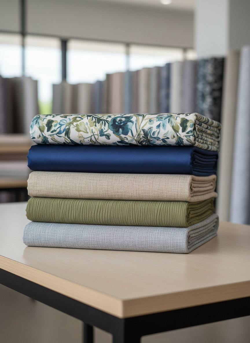 A neatly folded stack of premium textile bolts featuring rayon digital print, rayon polos, polo linen, cey crinkle, and polimikro, arranged on a clean, light wood display table in a modern textile showroom. Each fabric shows distinct textures: smooth rayon sheen, subtly slubbed linen, softly rippled crinkle, and finely woven polimikro. Soft, diffused daylight from large unseen windows washes over the fabrics, enhancing color accuracy and surface detail. The background fades into a slightly blurred wall of color-coordinated fabric rolls, keeping attention on the central stack. Photographed at eye level with crisp focus on the front folds and gentle falloff toward the back, the mood is professional, organized, and inviting, with a clean, photographic realism suited for an upscale fabric business homepage.