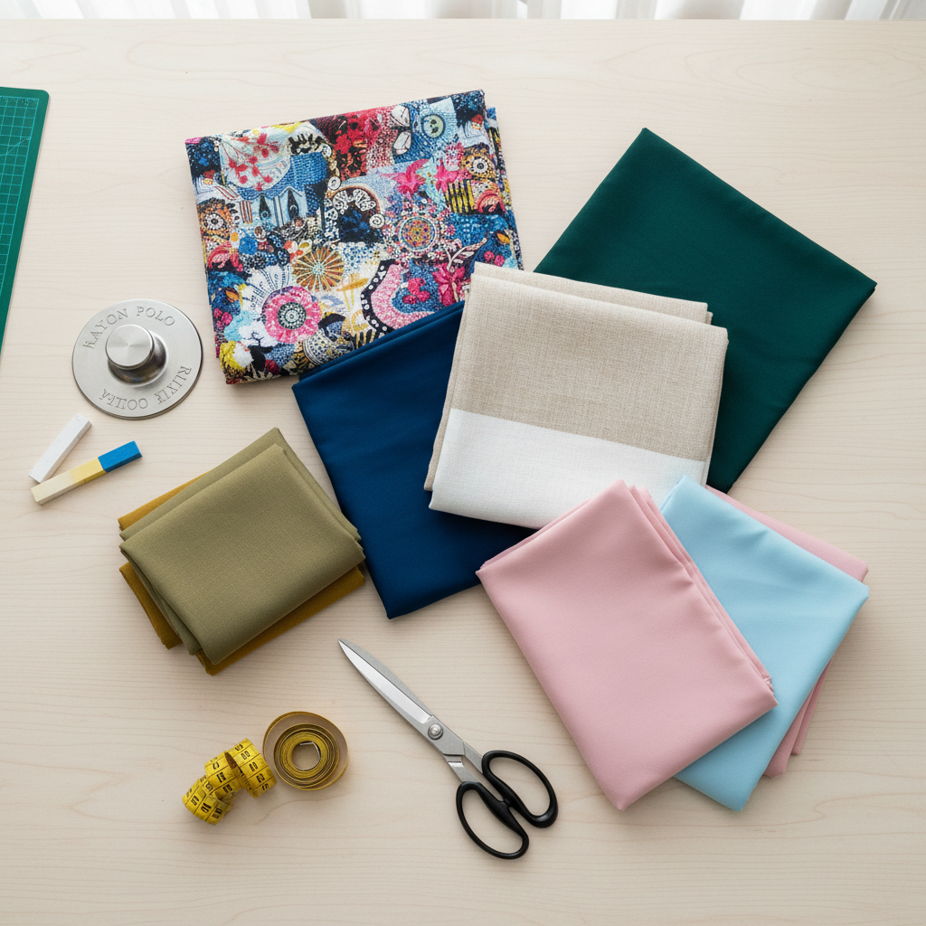 A professional flat-lay photographic scene of a fashion maker’s workspace focused on textiles, featuring neatly stacked folds of rayon digital print, rayon polos, polo linen, cey crinkle, and polimikro arranged across a large, pale wood desk. Around the fabrics lie carefully placed tools: a metal pattern weight, tailor’s chalk, precision scissors, and a rolled measuring tape, all immaculate and unused. Soft, indirect daylight from an unseen window above creates a bright, shadow-softened environment, emphasizing the colors and textures of each material. The background remains clean with only a hint of a grid cutting mat at the edge of the frame. Shot from directly overhead with sharp focus and balanced composition, the mood is purposeful, organized, and creative, highlighting the store as a trusted resource for fashion makers and small resellers.