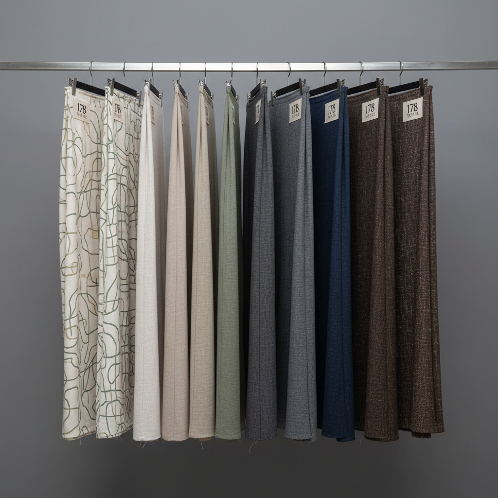 A rack of coordinated custom motif fabrics from 178 textile displayed against a simple, matte gray wall, each length hanging evenly from minimalist metal hangers. The selection includes bold rayon digital prints, understated rayon polos, and softly textured polo linens, all arranged from light to dark for a professional, curated look. Neutral studio lighting from both sides provides even, color-accurate illumination, eliminating harsh shadows while adding subtle dimensionality to each fabric’s fall. The camera captures the scene at eye level with a slightly compressed perspective, bringing all fabrics into balanced focus. The atmosphere is modern, clean, and quietly luxurious, rendered in high-resolution photographic realism, ideal for communicating range and sophistication to boutique resellers and designers seeking coordinated collections.