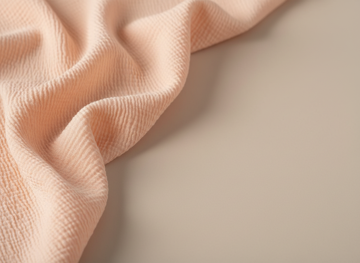 A detailed macro photographic shot of cey crinkle fabric in a soft, pastel tone, loosely gathered into gentle waves on a smooth, neutral background. The unique crinkled texture is rendered with exquisite clarity, each ridge and valley catching soft side lighting from the left that creates tiny highlights and delicate shadows. The rest of the frame is intentionally minimal, with only softly blurred edges of the fabric receding into the background, emphasizing surface detail and tactile appeal. The composition follows the rule of thirds, with the most pronounced ripples crossing the main focal intersection. The mood is refined and sensory, inviting viewers to imagine the lightweight, airy hand of the material, presented with clean, professional photographic realism suitable for a product detail page.