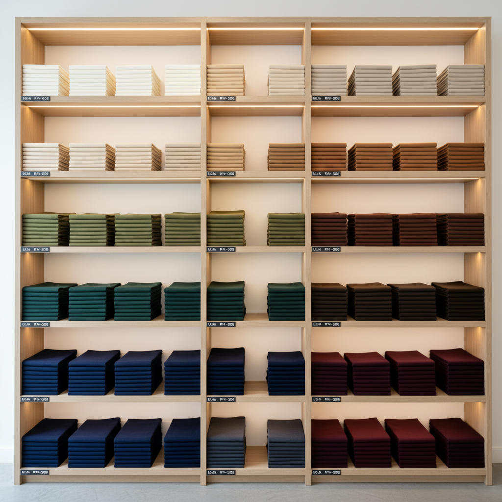 A carefully organized shelving unit in a contemporary textile showroom, filled with neatly folded stacks of rayon polos and polo linen fabrics by color family, from pale creams through earthy neutrals to deep, saturated tones. Each stack is perfectly aligned, and small, discrete, monochrome labels with fabric codes are visible on the shelf edges, reinforcing a businesslike approach. Subtle, warm LED strip lighting runs along the underside of each shelf, casting even illumination and soft, downward shadows that accentuate the folds. The surrounding environment is clean and minimal, with matte white walls and a polished concrete floor barely visible at the frame’s edge. Photographed straight-on with sharp focus and balanced framing, the mood is orderly, efficient, and premium, in realistic photographic style.