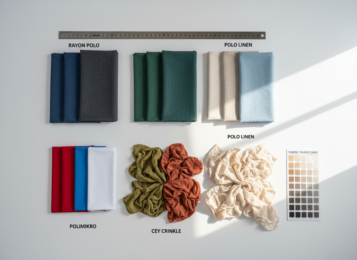 An overhead photographic composition of carefully arranged cutting samples from rayon polos, polo linen, cey crinkle, and polimikro fabrics, laid out on a large, smooth white work surface. Each square swatch is labeled with a small, clean, typographic tag indicating the fabric type, emphasizing a professional showroom feel. Natural daylight from the right side creates gentle, even illumination with soft shadows at the swatch edges, emphasizing texture differences: the crispness of polimikro, the airy crinkle surface, the soft polos, and the slightly rustic linen. A steel measuring ruler and a neatly placed color card are included near the frame edge for scale and accuracy. The atmosphere is methodical, informative, and businesslike, with sharp focus throughout and a clean, modern, photographic realism that supports informed fabric selection.