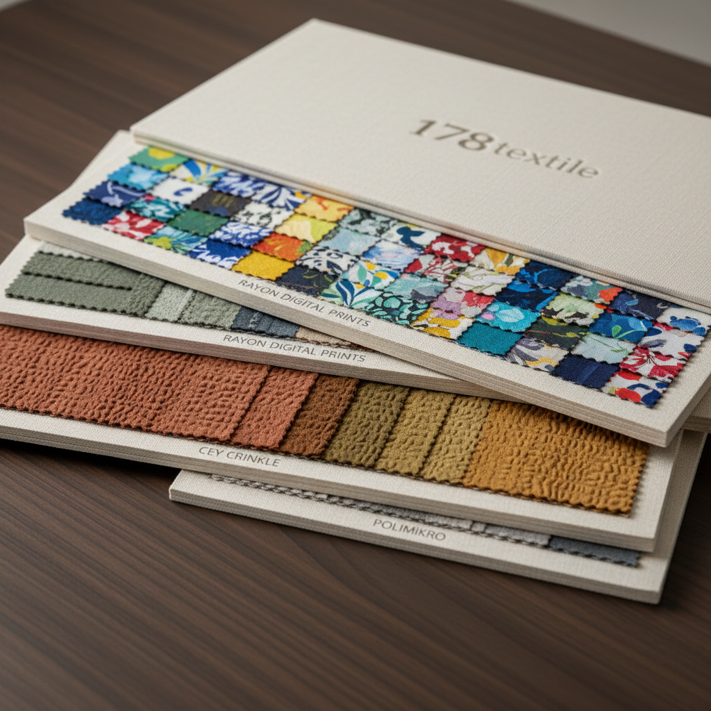 An elegant, close-up photographic composition of three overlapping fabric sample books branded subtly as 178 textile on their neutral, textured covers, resting on a dark wood table. When opened, the books reveal neatly mounted swatches of rayon digital prints, cey crinkle, and polimikro, each sample precisely cut and aligned, showcasing different motifs and textures. Soft, diffused overhead lighting highlights the color variety without glare, while a gentle side light from the left adds dimension to the pages and table grain. The camera angle is slightly oblique, focusing sharply on the foreground samples and allowing the far pages to blur softly. The mood is sophisticated, informative, and sales-oriented, conveying a professional sampling experience for fashion brands and small resellers in a clean, high-end photographic realism.