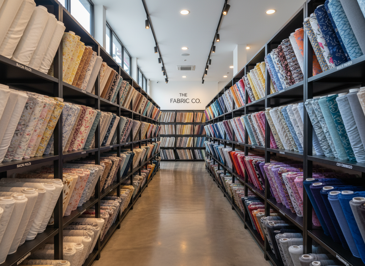 A polished textile store interior without any people, featuring long rows of neatly organized fabric rolls of rayon digital print, rayon polos, polo linen, cey crinkle, and polimikro displayed vertically on sleek, dark metal racks. The color palette transitions smoothly from neutrals to vibrant motifs, creating a visually structured gradient. Large front windows out of frame allow diffused afternoon daylight to bathe the space, complemented by discreet, warm ceiling spotlights that create gentle reflections on smoother fabrics. Photographed from a slightly elevated angle looking down the aisle, the depth of field is deep, keeping the entire corridor of textiles sharp. The atmosphere is professional, orderly, and welcoming, conveying a well-curated fabric destination through realistic, high-resolution photographic style.
