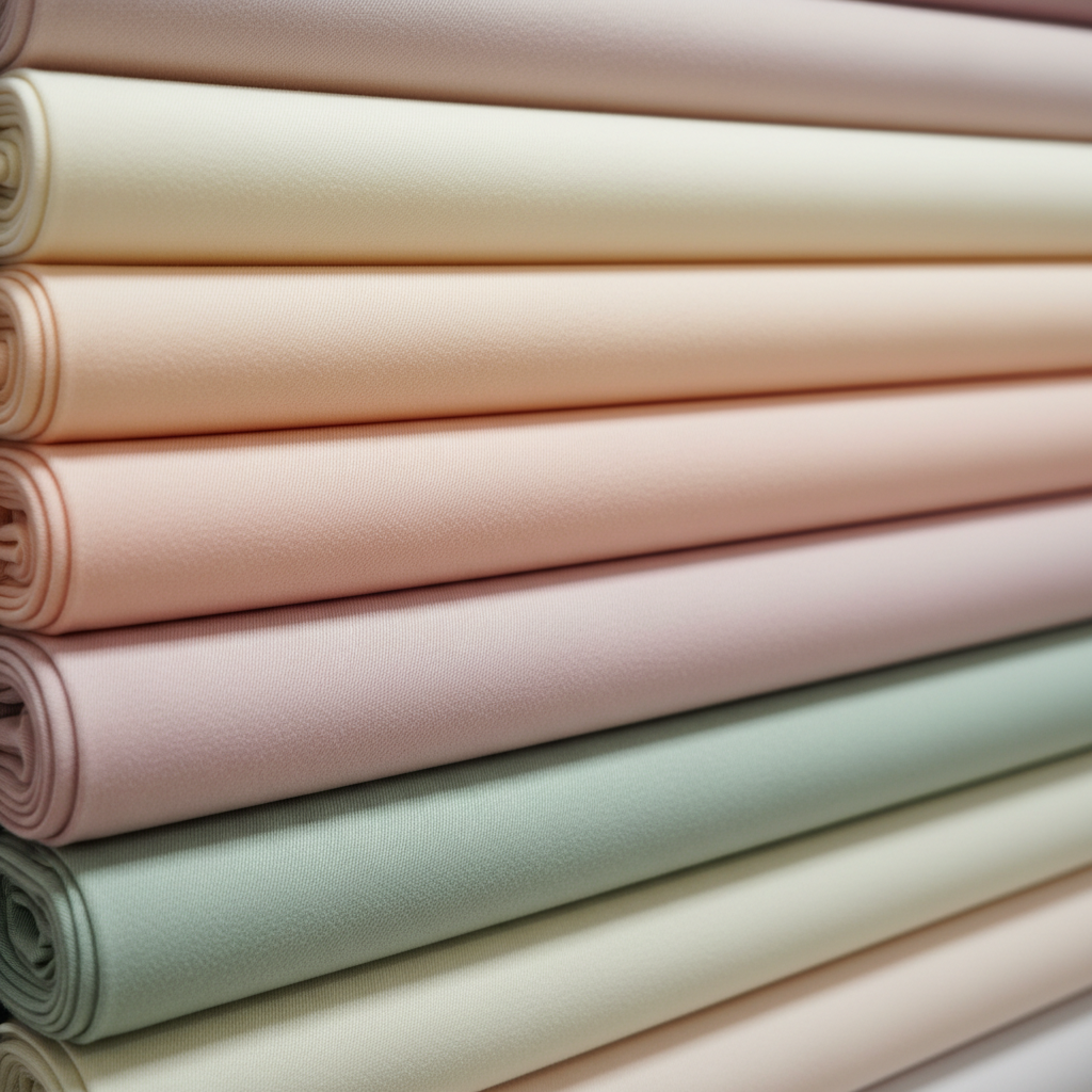Foto kain polimikro warna-warna soft pastel seperti krem, peach, dusty pink, dan sage green yang tampak bertumpuk rapi berlapis-lapis, close-up tekstur halus dan jatuh, lighting lembut estetik untuk katalog toko kain.